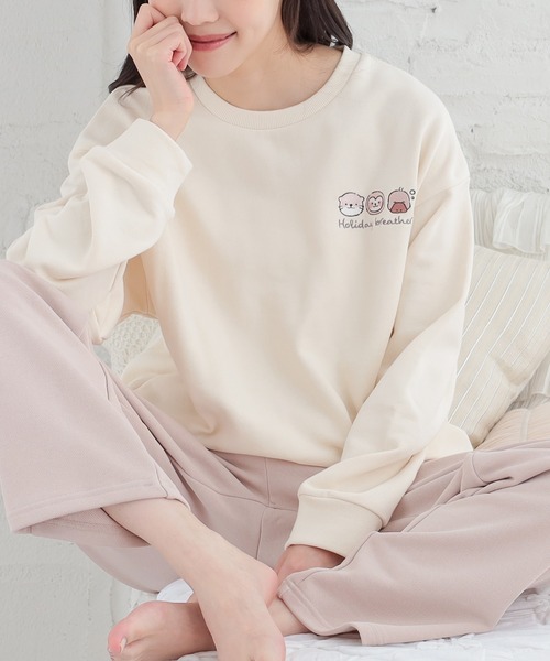 Honeys（ハニーズ）の「ワンポイントルームウェア（上下セット）（ルームウェア/パジャマ・レディース・ライトグレー系/ホワイト×ブラウン/グレー系その他/ホワイト×ブラック・S/M/LL/L）」の2枚目の写真