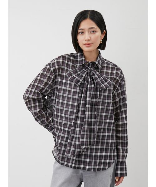 セール】2wayシャツ衿シアーボウタイブラウス（シャツ/ブラウス