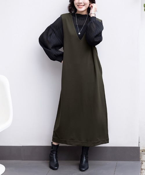ONEP STAR（ワンピスター）の「深めVネックオールインワンワンピース（ワンピース・レディース・ネイビー/ベージュ/グレー/カーキ/ブラック・FREE）」の4枚目の写真