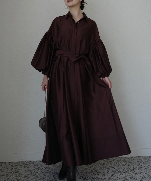 ANNTIAN シルク ワンピース ドイツ製 ブラウン フリー 長袖ヴィンテージシルク風ワンピース(F ブラウン)｜ アンミッコ