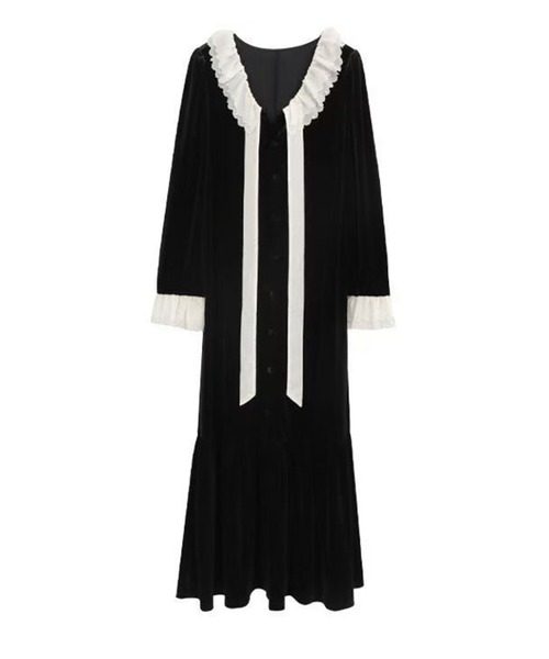 セール】フリルカラーネックタイワンピース／クラシックロマンティック