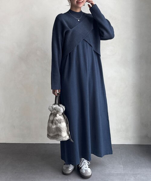 Chez toi(シェトワ)の「クロスプルオーバー×ニットワンピース(ワンピース・レディース・ブルー/グレイッシュベージュ/ブラック・FREE)」の10枚目の写真