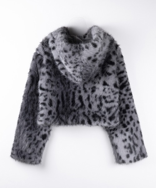 2color 】レオパードフェイクファーフーディショートコート