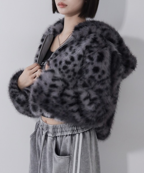 2color 】レオパードフェイクファーフーディショートコート
