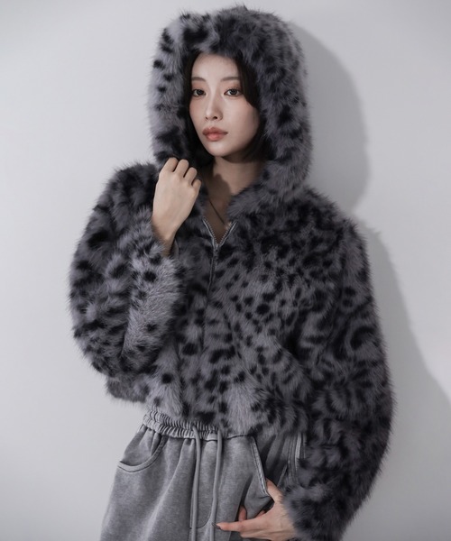 ジャケット・アウター fur hooded corduroy jacket 2color 】レオパードフェイクファーフーディショートコート