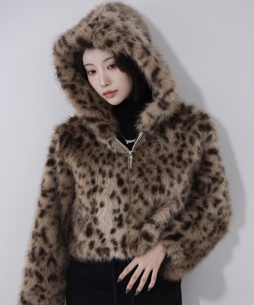 me+em select(ミームセレクト)の「【 2color 】レオパードフェイクファーフーディショートコート / reopard fakefur hoodie short coat(その他アウター・レディース・ブラウン/ブラック・FREE)」の5枚目の写真
