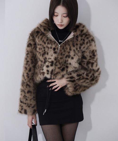 2color 】レオパードフェイクファーフーディショートコート