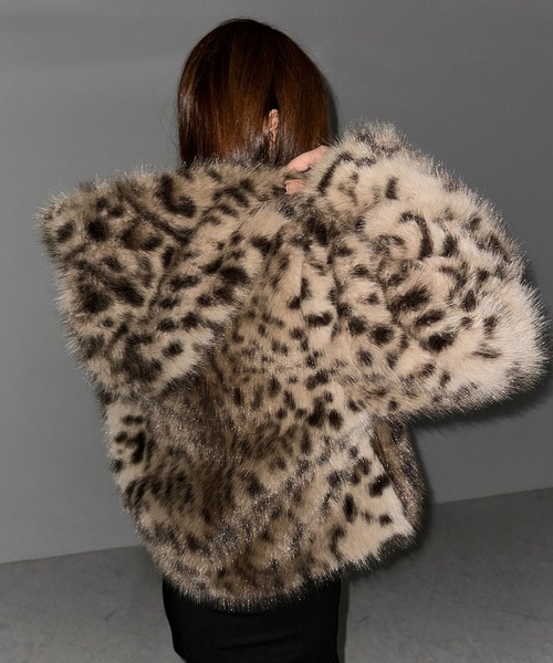 2color 】レオパードフェイクファーフーディショートコート