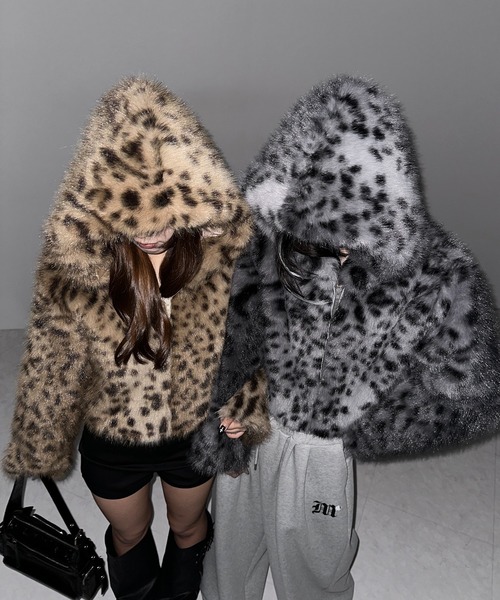 2color 】レオパードフェイクファーフーディショートコート