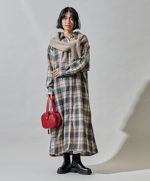 FREAK'S STORE（フリークスストア）の「オンブレチェック シャツワンピース/ ネルシャツワンピース（ワンピース・レディース・ネイビー/チャコールグレー・ﾌﾘ-）」の16枚目の写真