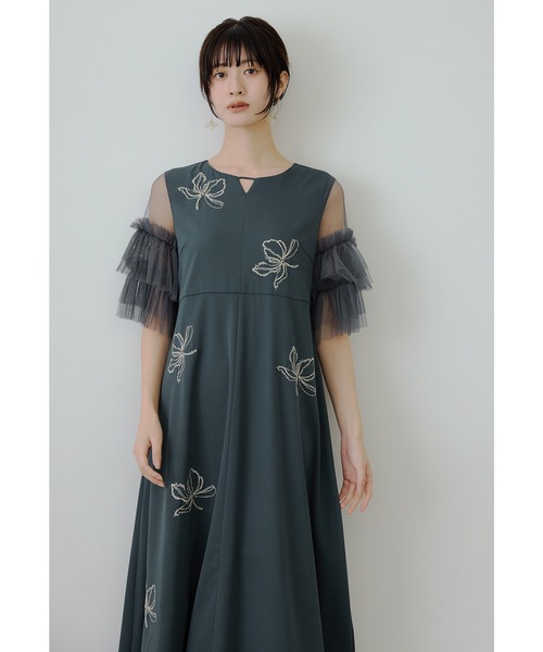 フリル袖刺繍入りロングドレス SS Lサイズあり】花柄レースxフリル袖タイトキャバドレス(DE2584)