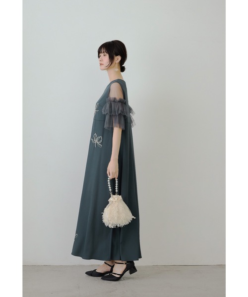 フリル袖刺繍入りロングドレス SS エンブロイダリードレス チュール フリル袖 マタニティ 妊婦 結婚式