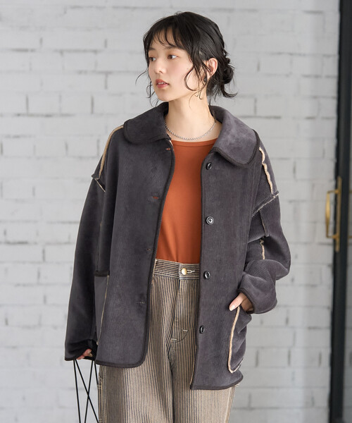 ブラウン ボンバージャケット コーデュロイ襟付き 襟付き リバーシブル コーデュロイボアジャケット（ブルゾン