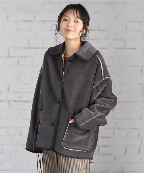 FREAK'S STORE（フリークスストア）の「襟付き リバーシブル コーデュロイボアジャケット（ブルゾン・レディース・チャコールグレー/ナチュラル/キャメル・ﾌﾘ-）」の12枚目の写真