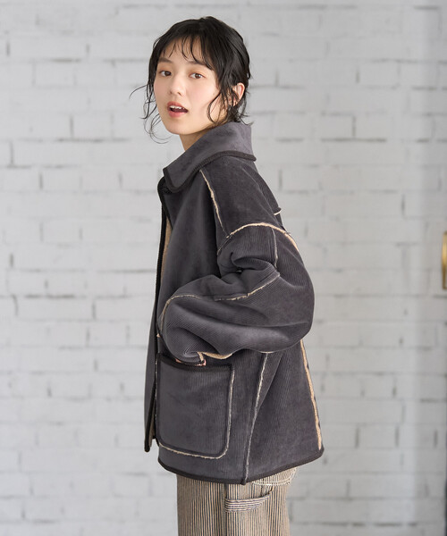 FREAK'S STORE（フリークスストア）の「襟付き リバーシブル コーデュロイボアジャケット（ブルゾン・レディース・チャコールグレー/ナチュラル/キャメル・ﾌﾘ-）」の15枚目の写真