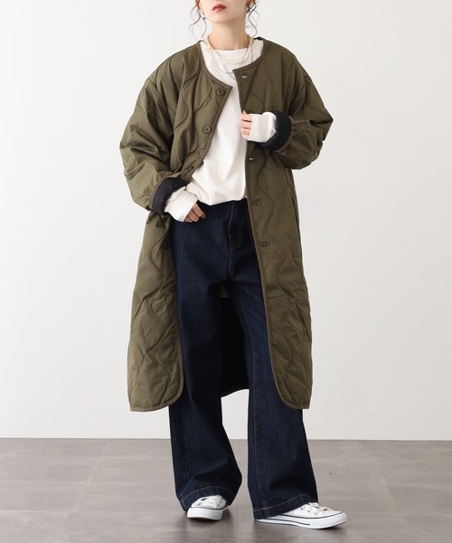 OMNES（オムネス）の「ダウンノーカラーミリタリージャケット（ノーカラージャケット・レディース・ベージュ/キャメル/カーキ・L）」の2枚目の写真