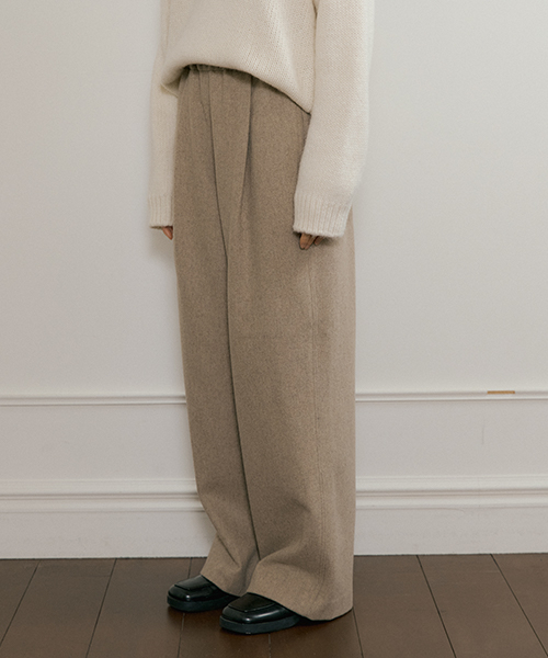 wool blended wide banding pants-beige