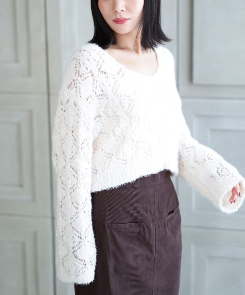 Ruwan yu(ルワンユー)の「シャギー透かし編みニットプルオーバー【大きいサイズ対応】(ニット/セーター・レディース・ホワイト・3L~4L/L~LL)」の4枚目の写真