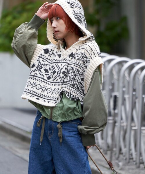 etsinta/エシンタ】ジャガードリメイクショートフードベスト（ニット