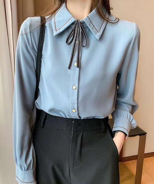 SallyLunn(サリーラン)の「リボン付きシャツブラウス(シャツ/ブラウス・レディース・ライトベージュ/ブルー・LARGE/MEDIUM)」の3枚目の写真