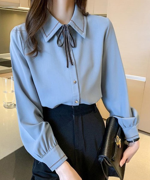 SallyLunn(サリーラン)の「リボン付きシャツブラウス(シャツ/ブラウス・レディース・ライトベージュ/ブルー・LARGE/MEDIUM)」の8枚目の写真
