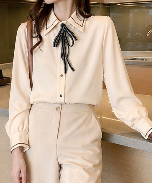 SallyLunn(サリーラン)の「リボン付きシャツブラウス(シャツ/ブラウス・レディース・ライトベージュ/ブルー・LARGE/MEDIUM)」の10枚目の写真