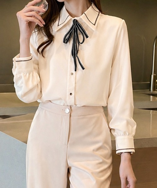 SallyLunn(サリーラン)の「リボン付きシャツブラウス(シャツ/ブラウス・レディース・ライトベージュ/ブルー・LARGE/MEDIUM)」の11枚目の写真