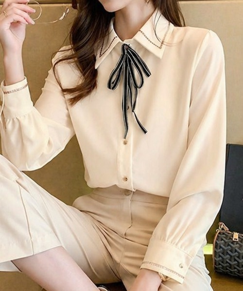 SallyLunn(サリーラン)の「リボン付きシャツブラウス(シャツ/ブラウス・レディース・ライトベージュ/ブルー・LARGE/MEDIUM)」の12枚目の写真