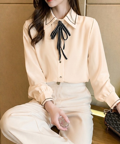 SallyLunn(サリーラン)の「リボン付きシャツブラウス(シャツ/ブラウス・レディース・ライトベージュ/ブルー・LARGE/MEDIUM)」の14枚目の写真