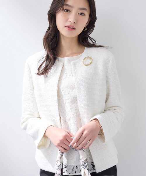 INDIVI(インディヴィ)の「【セレモニー/洗える】ミックスツイードライトジャケット(ノーカラージャケット・レディース・ネイビー系3/ホワイト系6/サックスブルー系3/ホワイト系8・40/38/36/19/15 /13/05)」の1枚目の写真