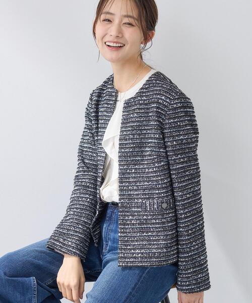 INDIVI(インディヴィ)の「【セレモニー/洗える】ミックスツイードライトジャケット(ノーカラージャケット・レディース・ネイビー系3/ホワイト系6/サックスブルー系3/ホワイト系8・40/38/36/19/15 /13/05)」の3枚目の写真