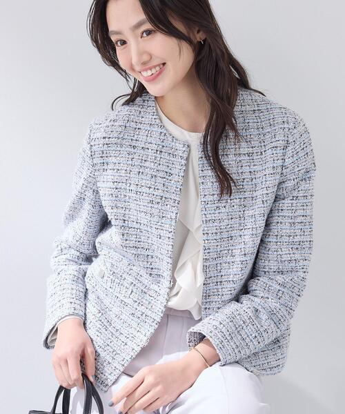 INDIVI(インディヴィ)の「【セレモニー/洗える】ミックスツイードライトジャケット(ノーカラージャケット・レディース・ネイビー系3/ホワイト系6/サックスブルー系3/ホワイト系8・40/38/36/19/15 /13/05)」の4枚目の写真