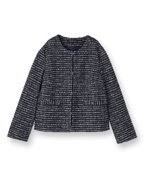 INDIVI(インディヴィ)の「【セレモニー/洗える】ミックスツイードライトジャケット(ノーカラージャケット・レディース・ネイビー系3/ホワイト系6/サックスブルー系3/ホワイト系8・40/38/36/19/15 /13/05)」の5枚目の写真