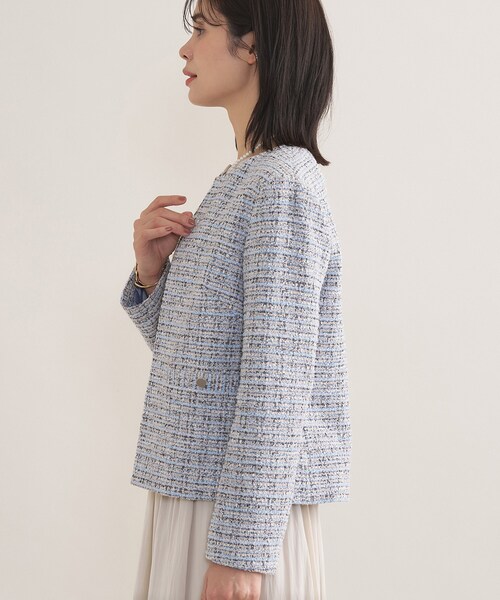 INDIVI(インディヴィ)の「【セレモニー/洗える】ミックスツイードライトジャケット(ノーカラージャケット・レディース・ネイビー系3/ホワイト系6/サックスブルー系3/ホワイト系8・40/38/36/19/15 /13/05)」の17枚目の写真