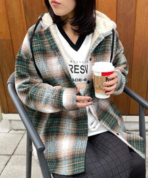裏ボアフードチェックシャツ