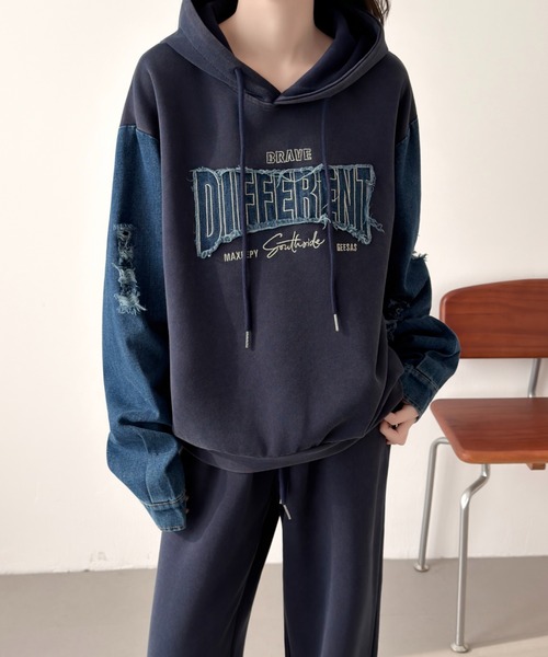 セール】デニムドッキングスウェットパーカーセットアップ