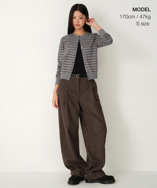 MUSINSA STANDARD WOMAN（ムシンサスタンダードウーマン）の「ウィメンズストライプラウンドネックカーディガン[ミディアムグレー]（カーディガン/ボレロ・レディース・その他・X-SMALL/SMALL/MEDIUM/LARGE）」の2枚目の写真