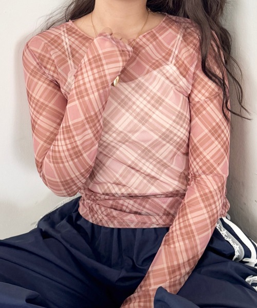 SOLLON.(ソルロン)の「チェック柄シアートップス(Tシャツ/カットソー・レディース・ブルー/ピンク/ブラック・FREE)」の3枚目の写真