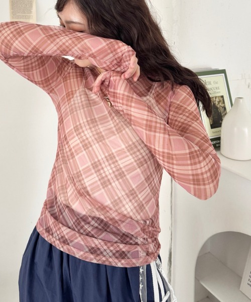 SOLLON.(ソルロン)の「チェック柄シアートップス(Tシャツ/カットソー・レディース・ブルー/ピンク/ブラック・FREE)」の15枚目の写真