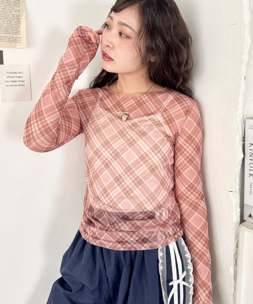 SOLLON.(ソルロン)の「チェック柄シアートップス(Tシャツ/カットソー・レディース・ブルー/ピンク/ブラック・FREE)」の16枚目の写真
