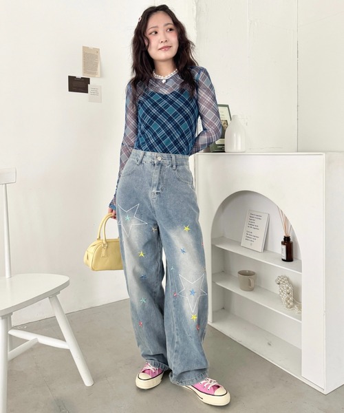 SOLLON.(ソルロン)の「チェック柄シアートップス(Tシャツ/カットソー・レディース・ブルー/ピンク/ブラック・FREE)」の11枚目の写真