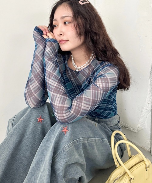 SOLLON.(ソルロン)の「チェック柄シアートップス(Tシャツ/カットソー・レディース・ブルー/ピンク/ブラック・FREE)」の8枚目の写真