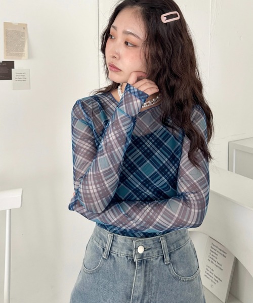 SOLLON.(ソルロン)の「チェック柄シアートップス(Tシャツ/カットソー・レディース・ブルー/ピンク/ブラック・FREE)」の6枚目の写真