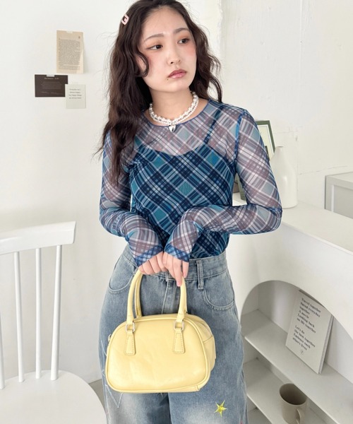 SOLLON.(ソルロン)の「チェック柄シアートップス(Tシャツ/カットソー・レディース・ブルー/ピンク/ブラック・FREE)」の7枚目の写真