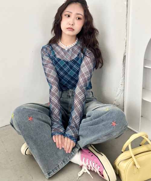 SOLLON.(ソルロン)の「チェック柄シアートップス(Tシャツ/カットソー・レディース・ブルー/ピンク/ブラック・FREE)」の9枚目の写真