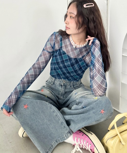 SOLLON.(ソルロン)の「チェック柄シアートップス(Tシャツ/カットソー・レディース・ブルー/ピンク/ブラック・FREE)」の10枚目の写真