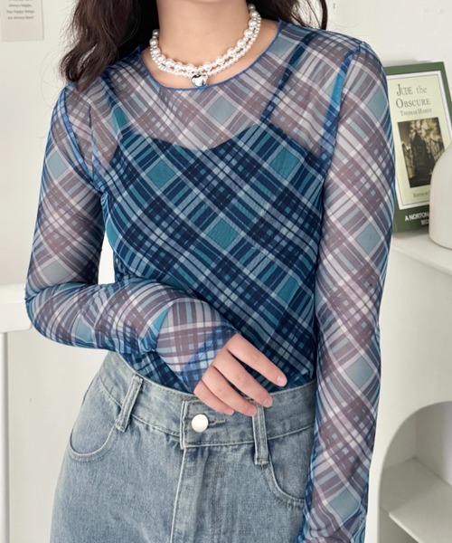 SOLLON.(ソルロン)の「チェック柄シアートップス(Tシャツ/カットソー・レディース・ブルー/ピンク/ブラック・FREE)」の4枚目の写真