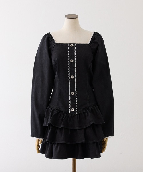 セール】【Denim Collection】レースアップティアードミニワンピース