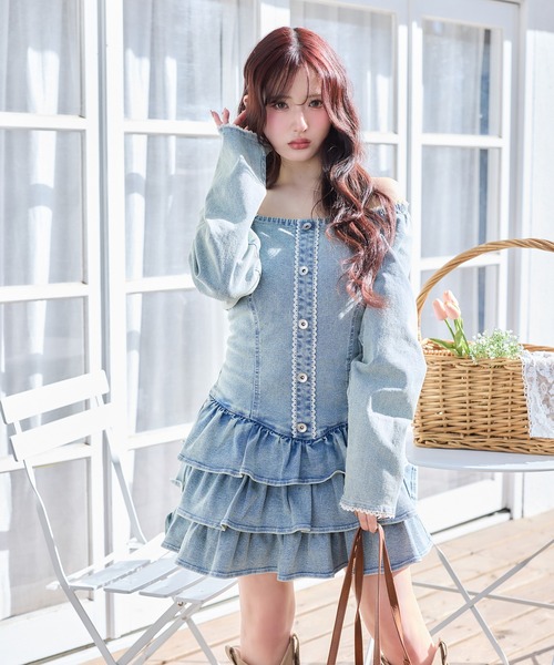 セール】【Denim Collection】レースアップティアードミニワンピース
