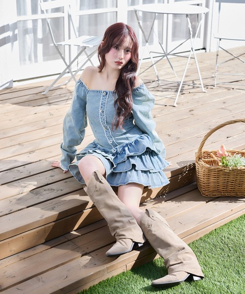 セール】【Denim Collection】レースアップティアードミニワンピース